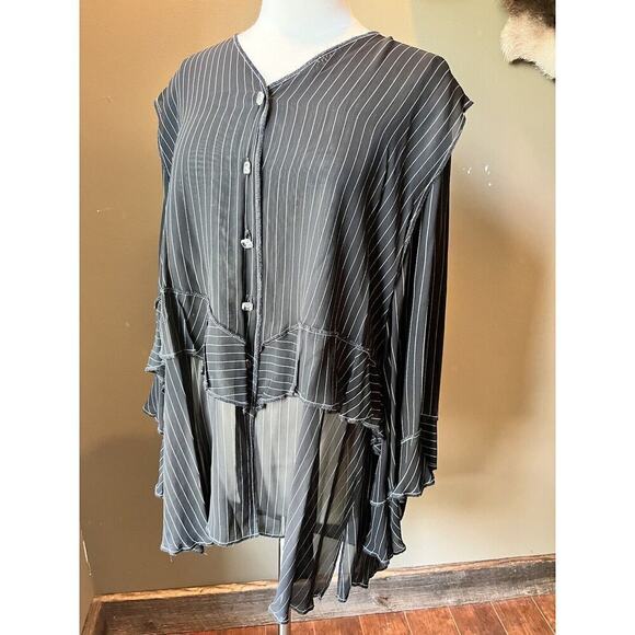 Vintage Northing Matches Black Flowy Sheer Wide Sleeve Boho Striped Blouse Sz 4 - Picture 1 of 9